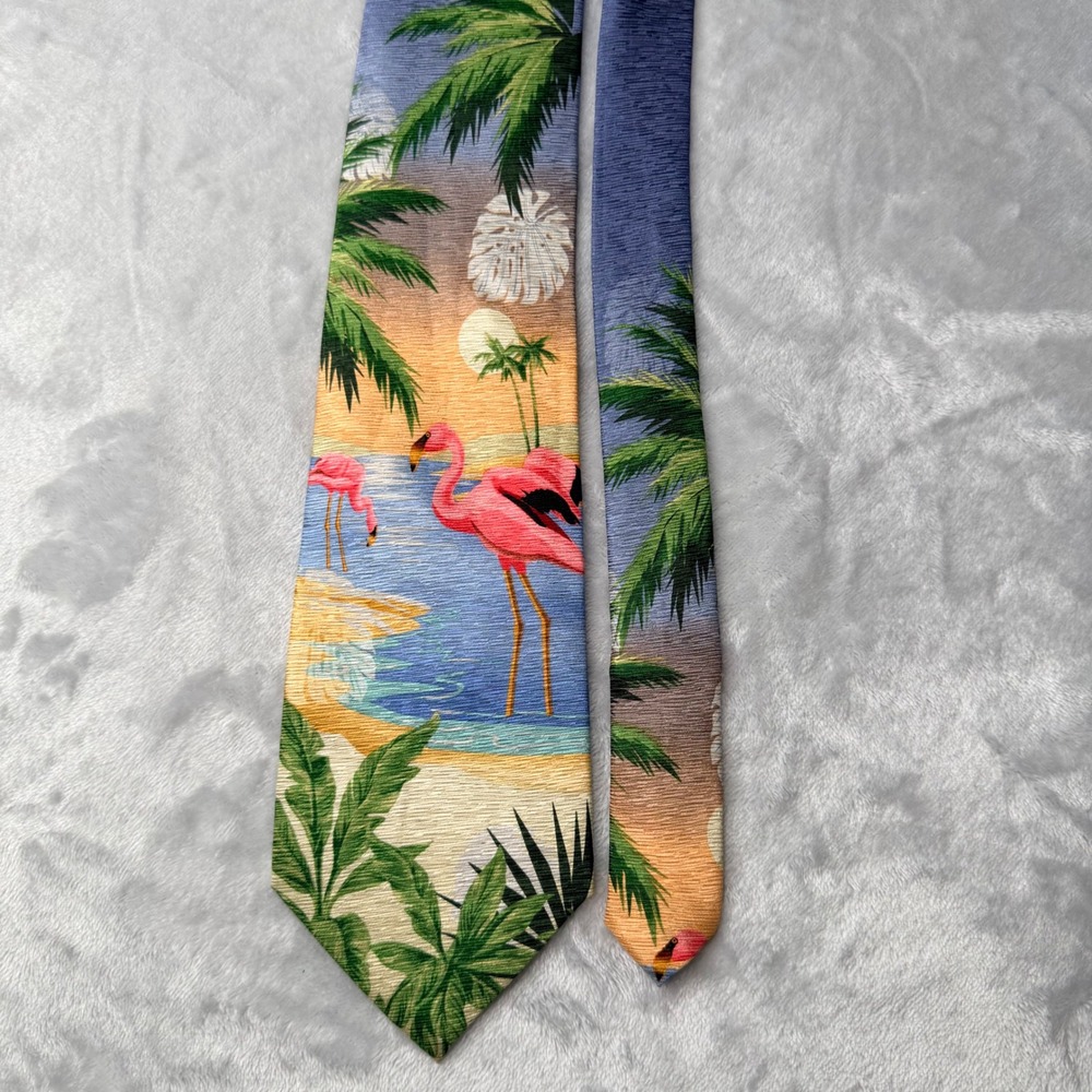 Tango Mens Silk Necktie Flamingo Tropical Palm Tree Beach Scene Pink Blue Tie